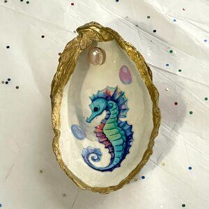 Sea Horse Oyster Shell Trinket Dish-Sea Horse Oyster Shell Trinket Tray-New